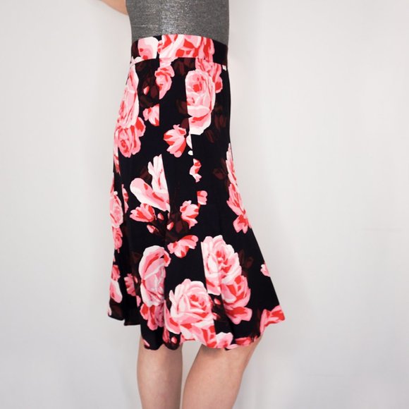 KATE SPADE Pink Roses Print Black Skirt - Picture 2 of 6